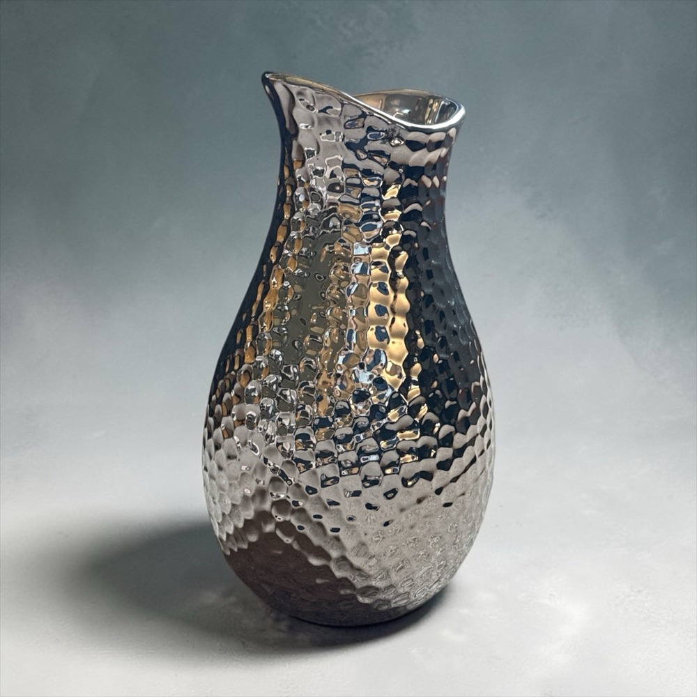 Hammered Silver Metal Bottle Flower Vase 12 in Contemporary Polished Finish